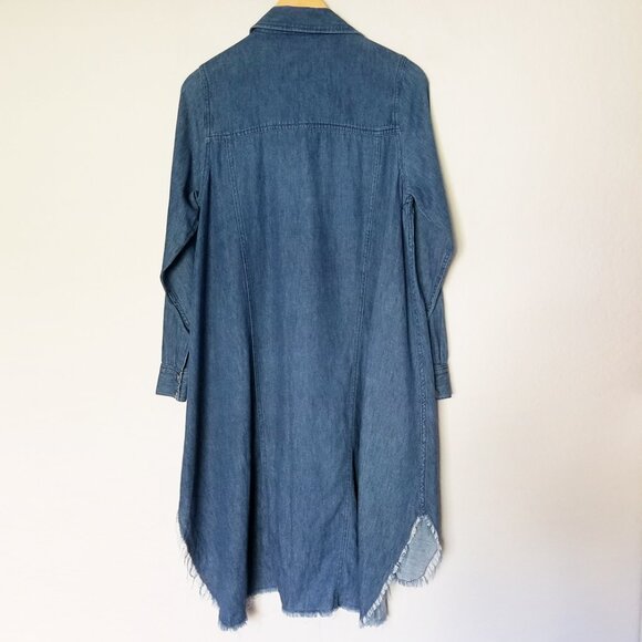 Ruti Chambray Denim Shirt Dress Hemp Organic Cotton Snap Button Frayed Hem Blue - Picture 4 of 16